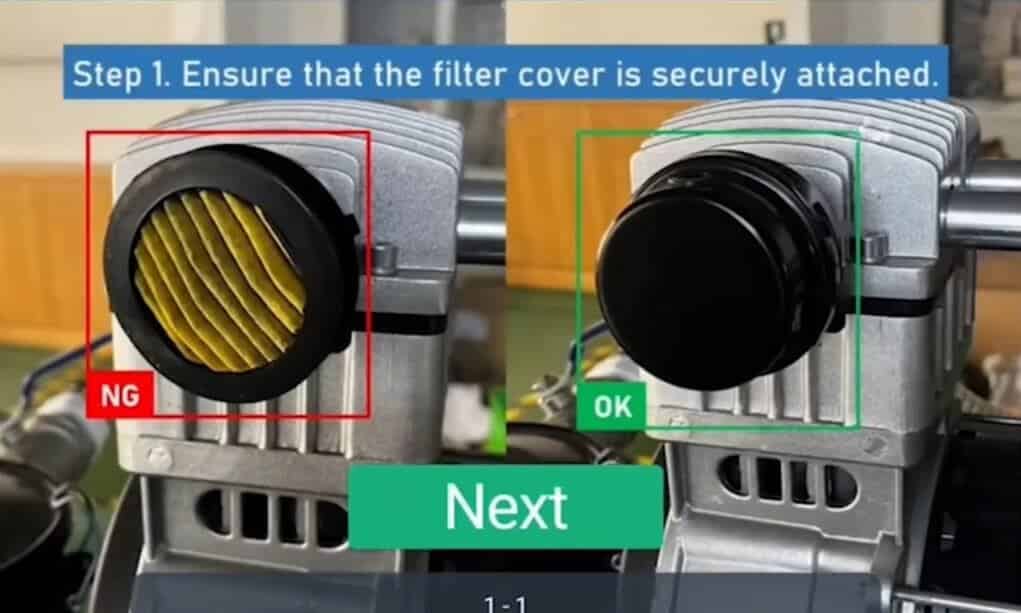 Screenshot of SOP validation for air compressor inspection displayed on a tablet, utilizing AR and AI for guided maintenance.