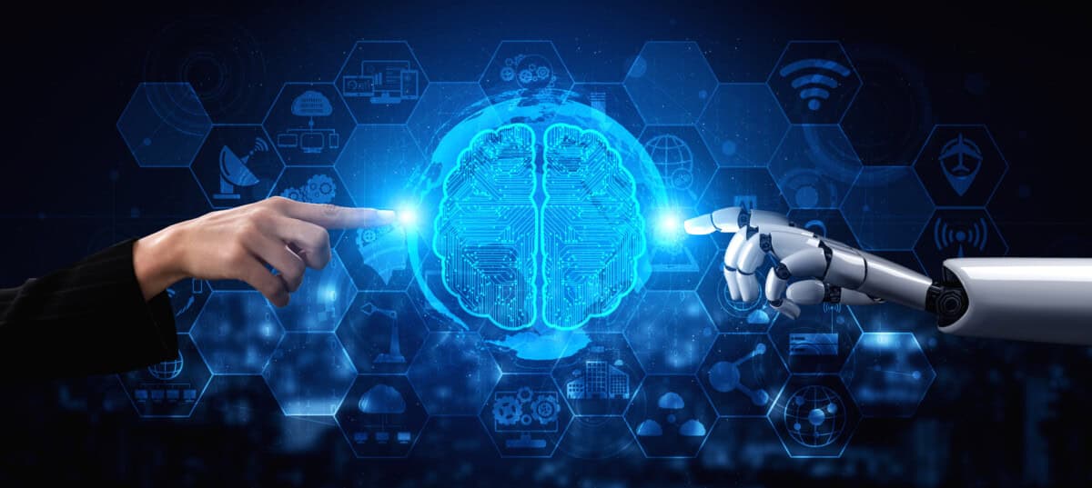 Futuristic abstract image of a human finger and robot finger touching a blue sphere, representing the convergence of human intelligence and artificial intelligence.