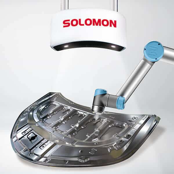 Vision guided robotics using SolMotion VGR software and SolScan industrial 3D camera with UR robot arm and car hood.