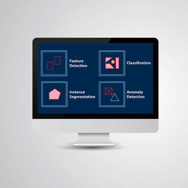 Graphic of SolVision AI Vision System user interface on a computer monitor, showcasing AI vision inspection tools.