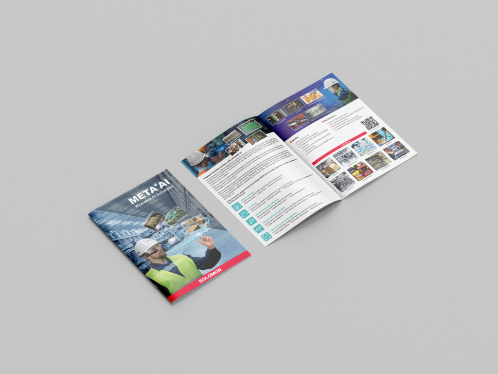 CGI image of a Solomon product brochure, featuring the META-aivi product brochure front cover and an example page layout.