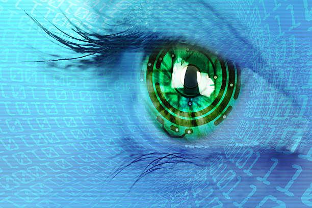 Stylized image representing machine vision of a green eye on a textured blue background