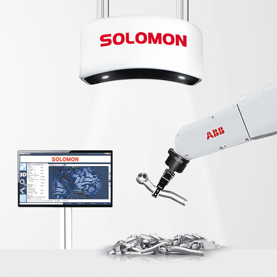AccuPick 3D bin picking software integrated with an ABB cobot picking metal objects from a pile of similar metal objects scanned by SolScan industrial 3D camera.