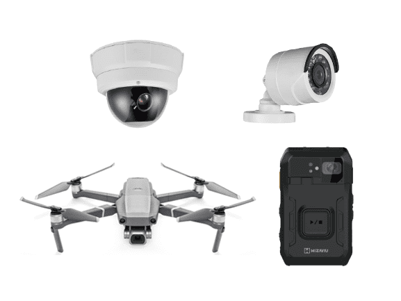 Two IP cameras, a drone, and a body cam, representing smart surveillance technology integrated with META-aivi, on a blank background